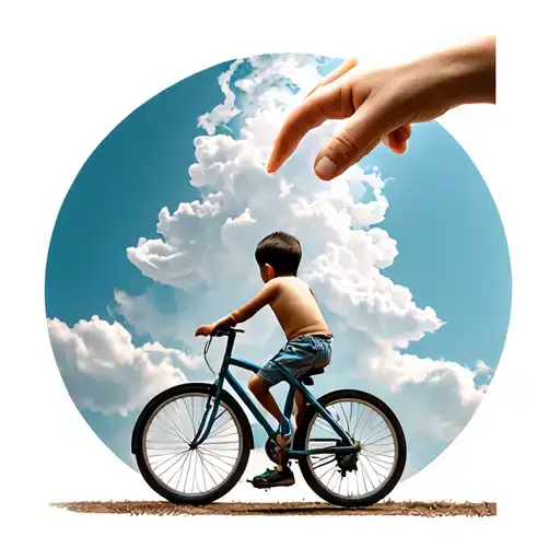 child from behind on a bicycle reaching towards the sky and a hand coming out of a cloud reaching towards the child tattoo design idea