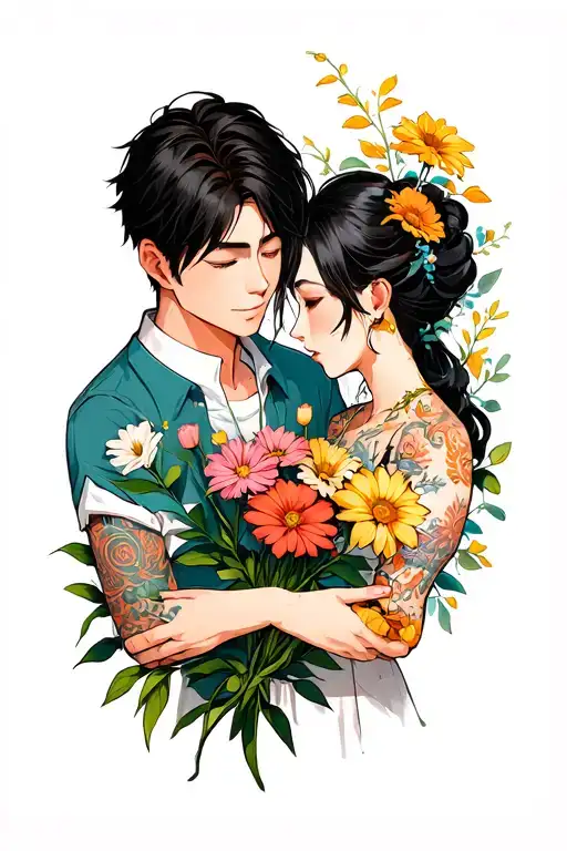 A man giving some flowers to his mother tattoo design idea