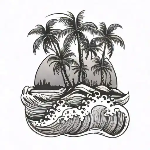 Waves and palm trees black and white tattoo design idea