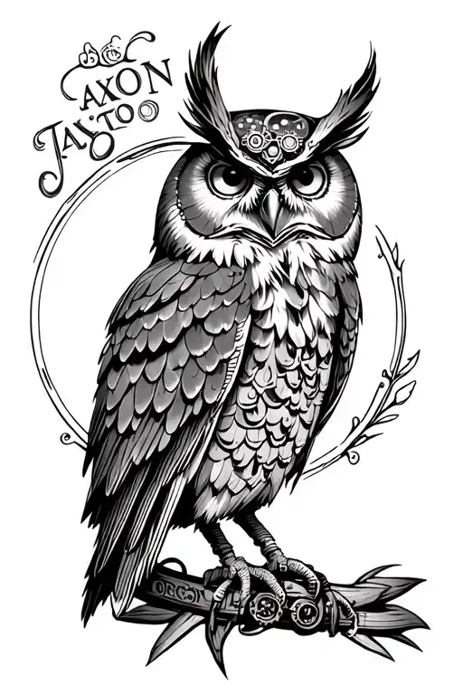 steampunk owl with Jaxon writing  tattoo design idea