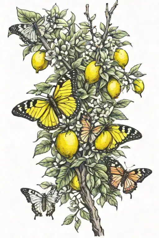 lemon tree branch with butteflys around it tattoo design idea