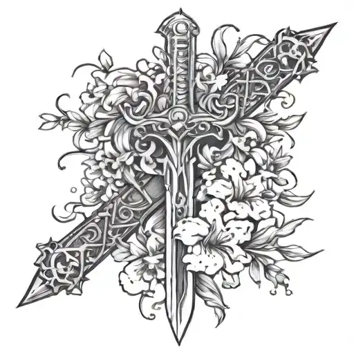 a sword with snapping dragon flowers and orchids and carnations and gladious flowers around it  tattoo design idea