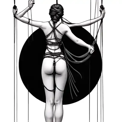 puppet master with strings woman in shibari with wrists tied above head knot intertwined back view tattoo design idea