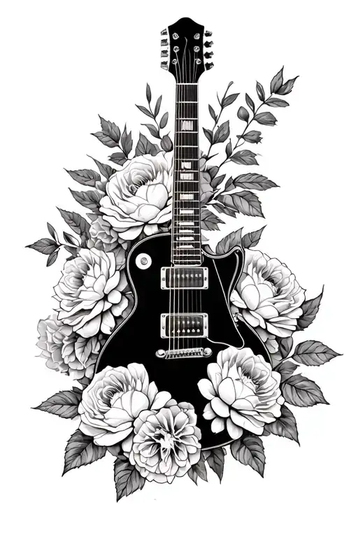 roses and peony intertwined with a fender guitar merging together with an arsenal tattoo design idea