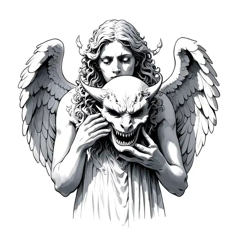 Weeping angel holding a demon mask tattoo design idea