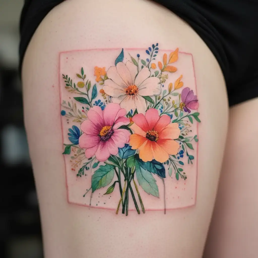 August, July. September birth flower bouquet tattoo design idea