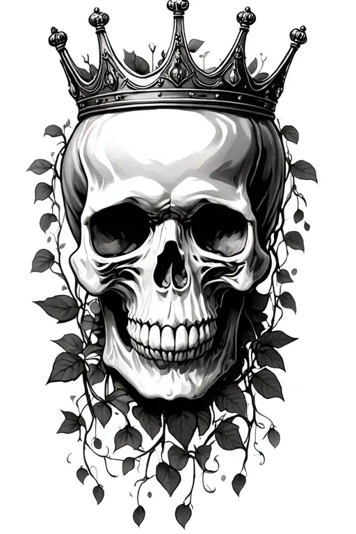 jelly roll skull  with crown surrounded by vining pothos tattoo design idea