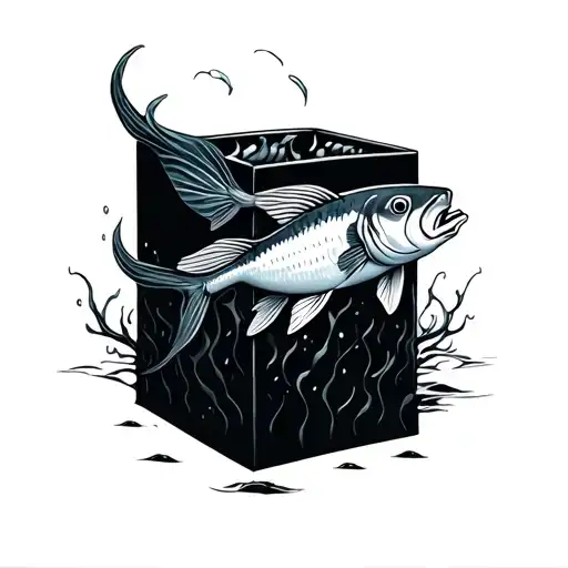 fish swimming within a box tattoo design idea