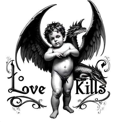 cupid baby with wings in the air holding a draco and the word in big text "Love Kills" black and white tattoo design idea