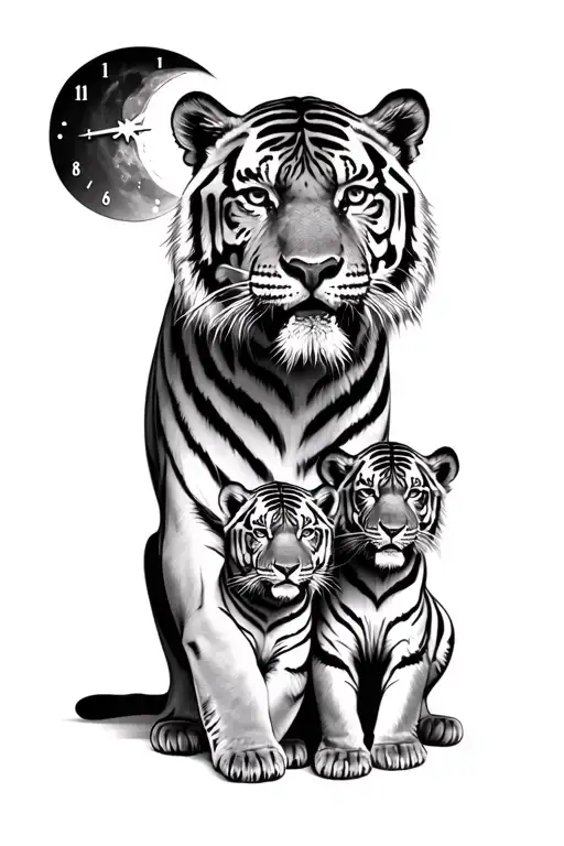 tiger, 2 cubs, moon, clocks tattoo design idea