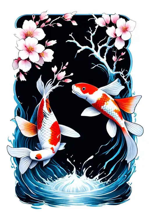 Generate a tattoo image of 2 koi fish in colour in a stream of water in the colour blue with a cherry blossom tree tattoo design idea