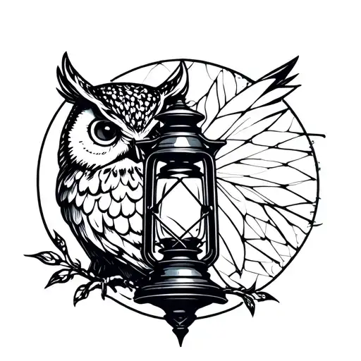 A clean line-art tattoo design featuring a lantern in the foreground and an owl positioned behind it. tattoo design idea