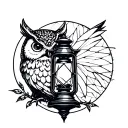 A clean line-art tattoo design featuring a lantern in the foreground and an owl positioned behind it. tattoo design idea