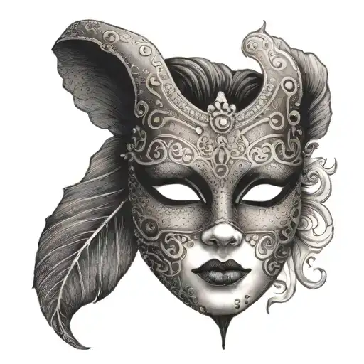 A dotwork tattoo of a mysterious mask symbolizing the hidden identity of a crossdressing prostitute tattoo design idea