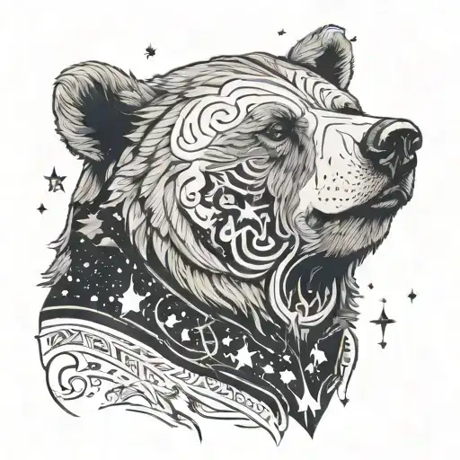 scarred bear head with norse markings. from the neck down spews a galactic view with stars and a nebula tattoo design idea