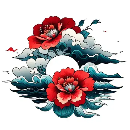 japanese styled FLOWERE CLOUDS AND SEA TATTOO COLORFUL REDS BLUES GREENS BEAUTIFUL RED FLOWERS tattoo design idea