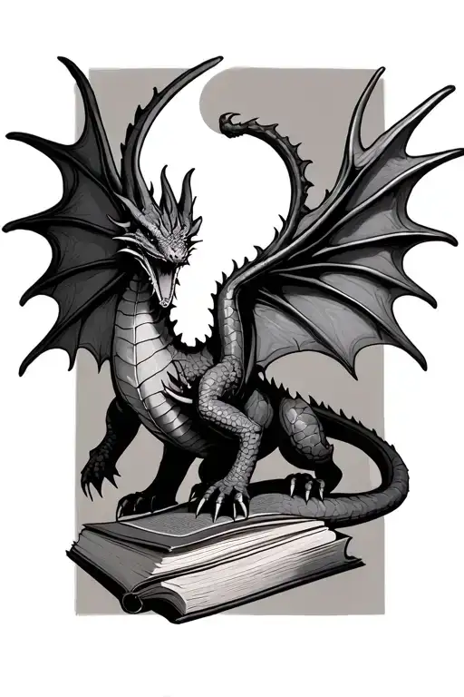 fantasy book dragon with wings spread tattoo design idea