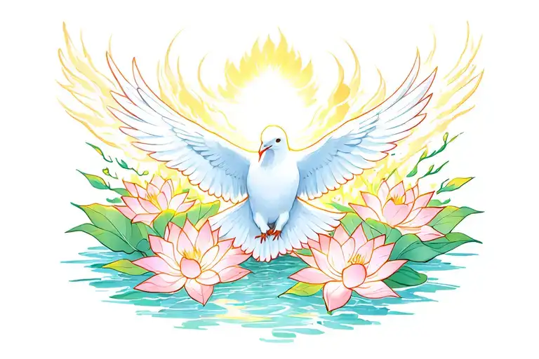 a glowing white dove rising upward surrounded by vibrant lotus and lilies flowing upward and down with glowing clouds  tattoo design idea