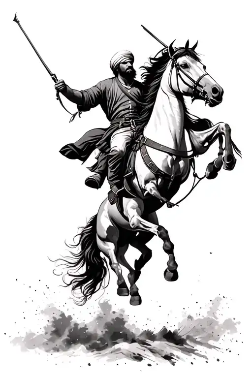Sikh warrior battling while riding horse jumping tattoo design idea