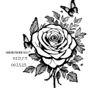 "SHERI MOREAU02/23/71 -06/25/25" memorial rose and butterflies surronding  tattoo design idea