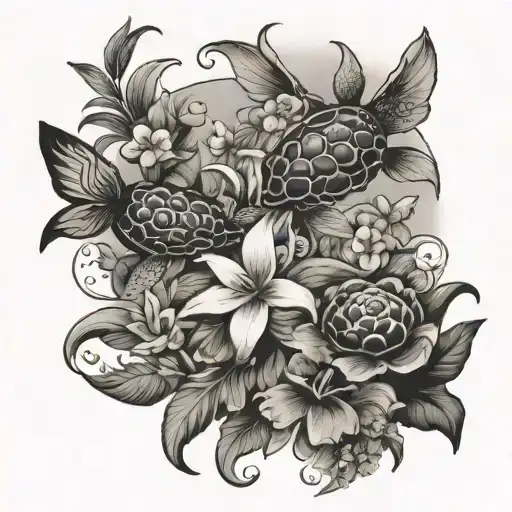 Hawaiian scene with flowers, turtle, fish, butterflies tattoo design idea