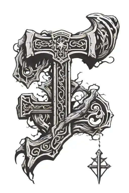 Cross and thor's hammer ingraved with Runes tattoo design idea