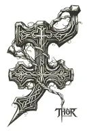 Cross and thor's hammer ingraved with Runes tattoo design idea