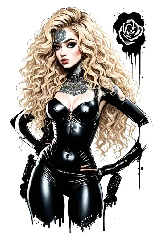 blonde long curly hair girl femdom figure in leather tattoo design idea