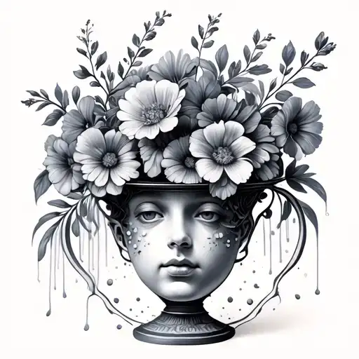 micro surreal black and grey tattoo of a vase with a human face in it, with flowers coming out of it tattoo design idea