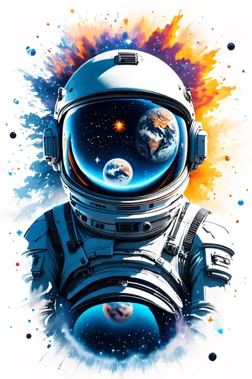 futuristic astronaut helmet in a vast open star filled space.  earth exploding the the reflection of the helmet glass tattoo design idea