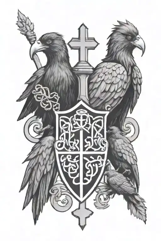 Rooker family crest tattoo incorporating a castle rookery, 2 large crows, 4 small crows on a shield, and a Celtic cross tattoo design idea