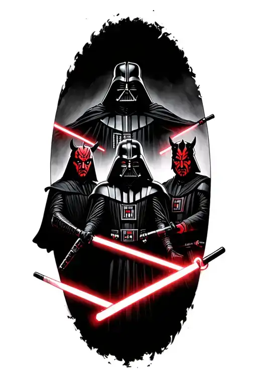 Half sleeve of Darth bane, Darth  nihilism, Darth revamped, Darth Vader and Darth maul posing with their lightsabers tattoo design idea