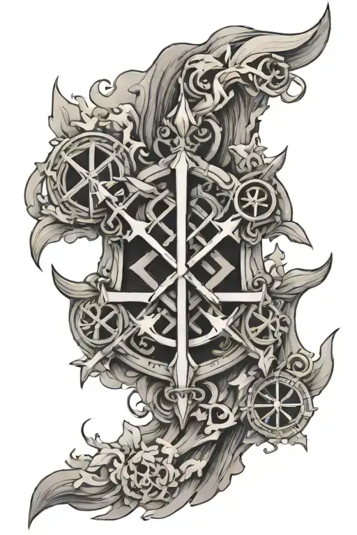 Chi-Rho in the front with mountians in the background tattoo design idea