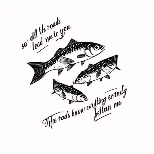 The pair tattoos, where the fish are painted and the text is so all the roads lead me to you, the roads know everything better than me, tattoo design idea