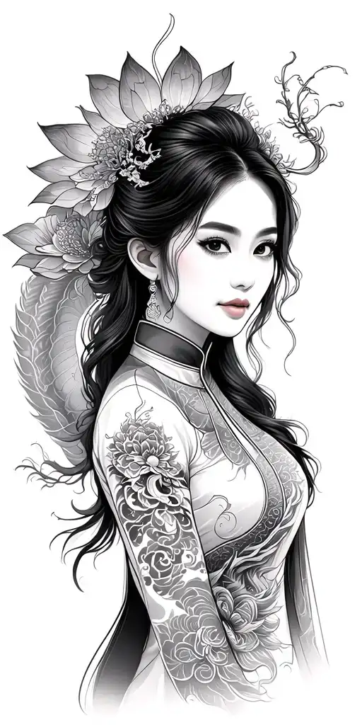 Vietnamese girls wear ao dai, lotus and Asian dragon tattoo design idea