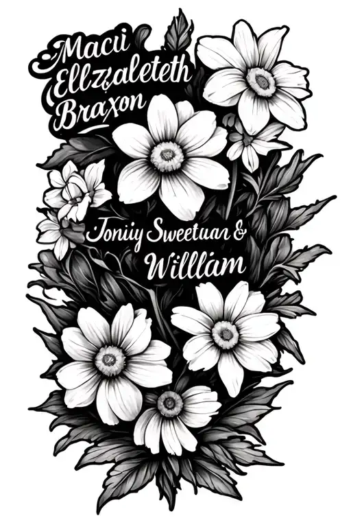 "Maci Elizabeth Braxton William" Daffodil , Jonquil , Daisy & Sweet Pea tattoo design idea