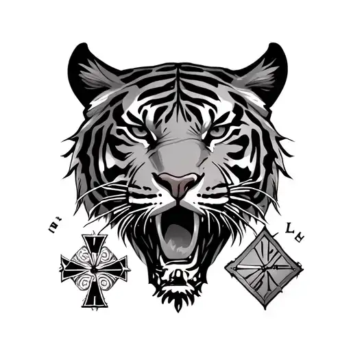 tiger head and clock or stop watch Roman numerals and cross and cool design tattoo design idea
