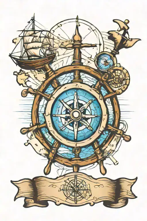 old ship wheel, hourglass, compass, map tattoo design idea
