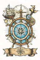 old ship wheel, hourglass, compass, map tattoo design idea