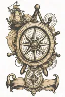 old ship wheel, hourglass, compass, map tattoo design idea