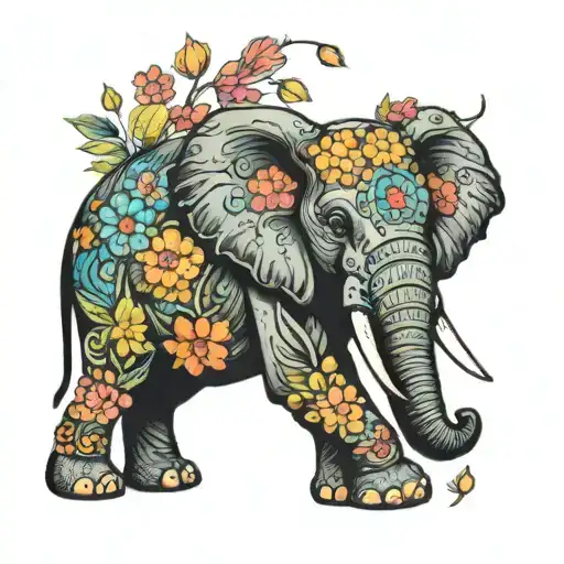 elephant with a trunk up surrounded by vibrant flowers tattoo design idea