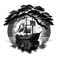 life tree with a sailing boat tattoo design idea