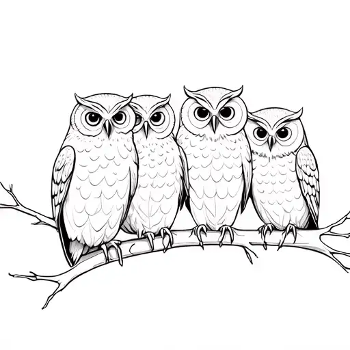 4 owls of same size perched on a branch tattoo design idea