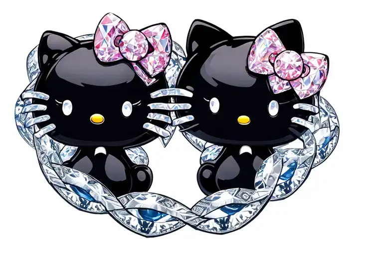 diamonds and money symbol intertwined around hello kitty representing hear no evil see no evil speak no evil tattoo design idea