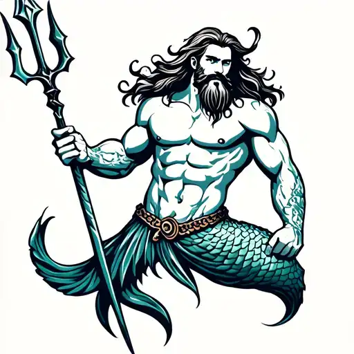 strong merman with beard, long hair and trident tattoo design idea