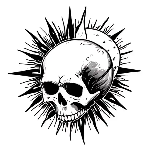 gothic skull with sun in the background black tattoo design idea