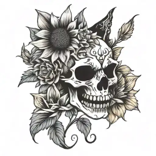 cat skull sunflower Lilly flower tattoo design idea