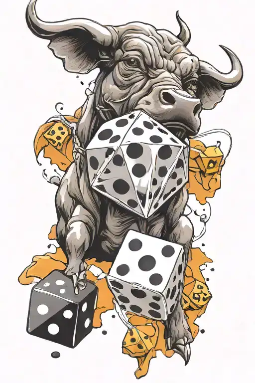 black and grey bull and dice rolling tattoo design idea