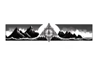 large compass surrounded by intricate geometric mountains and crashing waves, black and white, add triangle frame tattoo design idea
