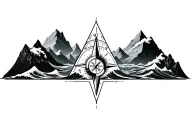 large compass surrounded by intricate geometric mountains and crashing waves, black and white, add triangle frame tattoo design idea